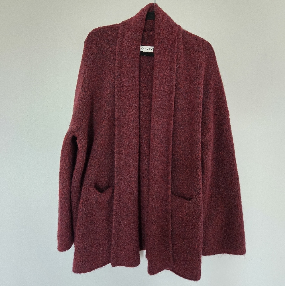 Ava And Viv Cardigan 4X Burgundy Shawl Collar Pockets Sweater Open Front Relaxed